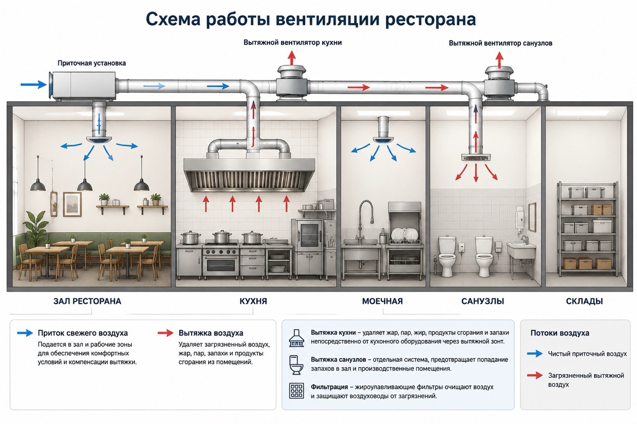 Схема работы вентиляции ресторана: зал, кухня, приток и вытяжка