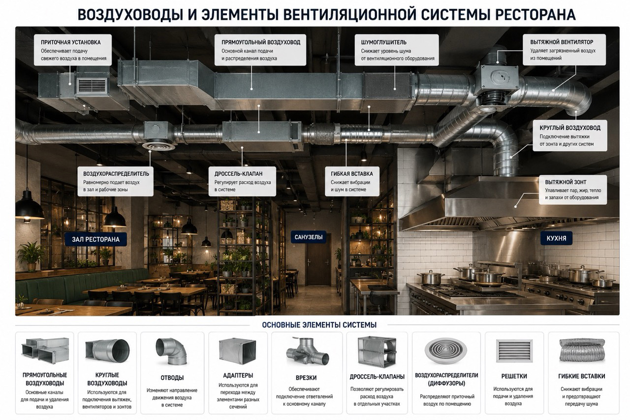 Воздуховоды приточно-вытяжной вентиляции ресторана
